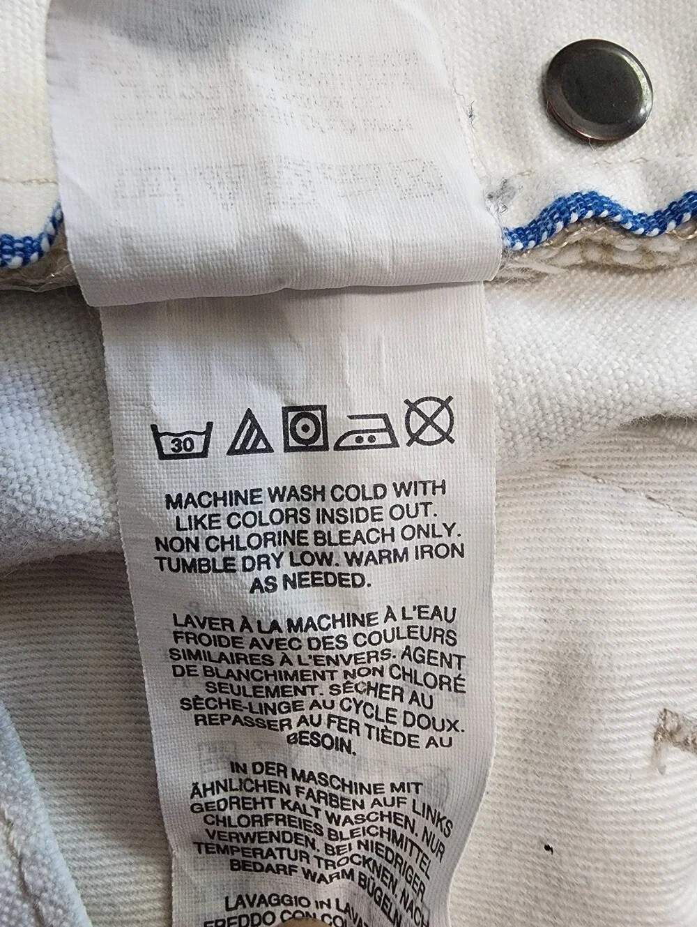 J.Crew 5 Pocket White Cotton Jeans Navy Contrast Stitch Button Front Fly 32 x 30